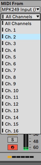 Selección del canal MIDI en Ableton Live