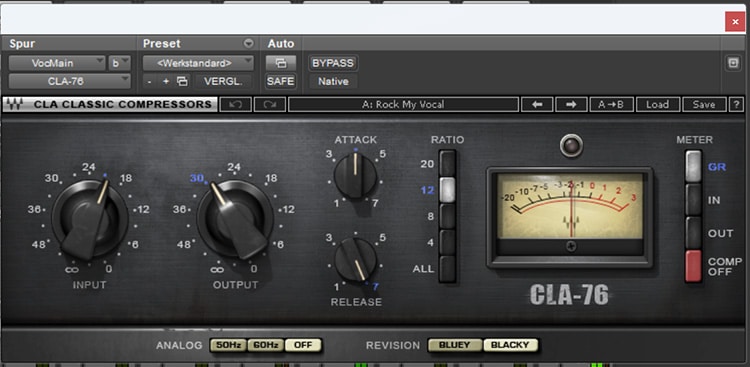 The Waves CLA-76 with medium attack and fast release gives the vocals punch and energy