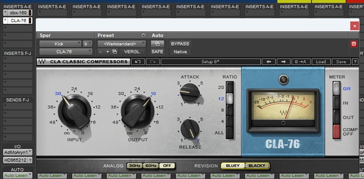 Der CLA-76 von Waves ist mit einem langsamen Attack und einem schnellen Release perfekt, um die Transienten von Drums hervorzuheben und sie richtig punchy zu machen.