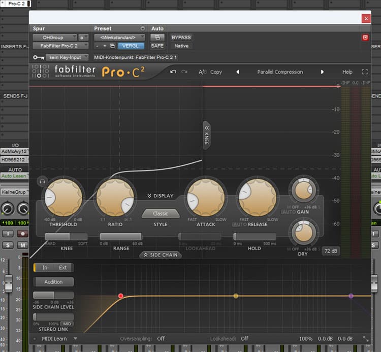 le compresseur Fabfilter Pro C2 convient très bien à la compression parallèle, car il possède un réglage Dry/Wet intégré