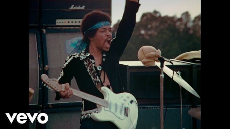 Jimi Hendrix with a Stratocaster for left-handers