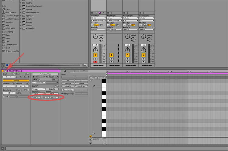 Du findest die MIDI Program Change Sektion in Ableton in der Clip-View (wenn du also ein MIDI-Clip auswählst)