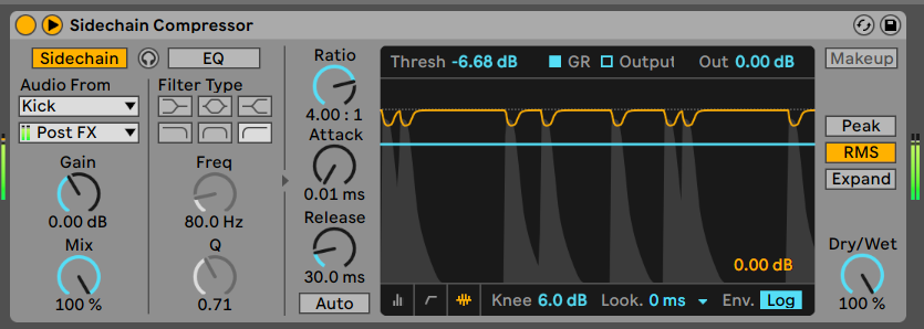 Com um compressor sidechain é possível separar o baixo e o tambor baixo um do outro sem ter de trabalhar com um EQ