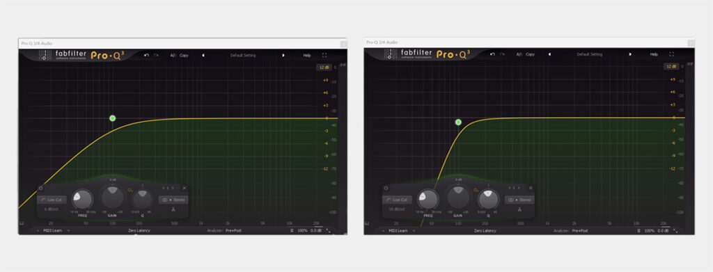 High-pass filter with an intensity of 6dB/octave vs high-pass filter with an intensity of 18dB/octave