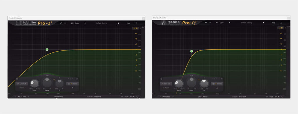 Filtro passa-alto com uma intensidade de 6dB/octave vs filtro passa-alto com uma intensidade de 18dB/octave