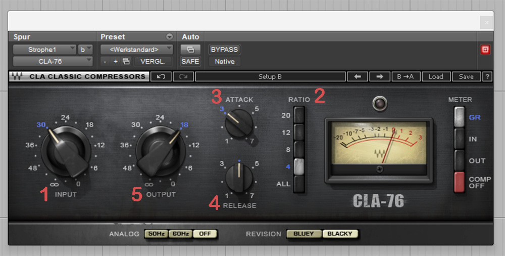 The different parameters of an audio compressor (Waves CLA-76)