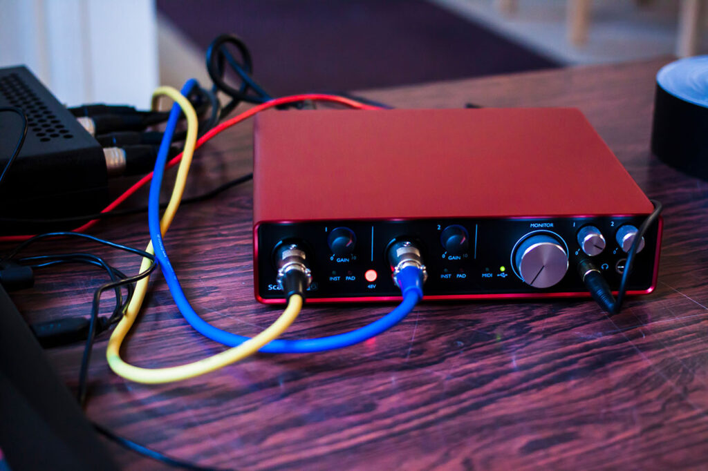 An audio interface allows several microphones to be connected to a computer and recorded simultaneously.