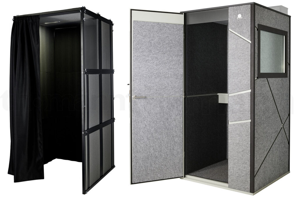 Exemples de 2 cabines de chant (à gauche : t.akustik Vocal Booth, 779€ ; à droite : exemples de deux cabines de chant (à gauche : t.akustik Vocal Booth, 779€ ; à droite : t.akustik Isolation Booth, 2.799€)